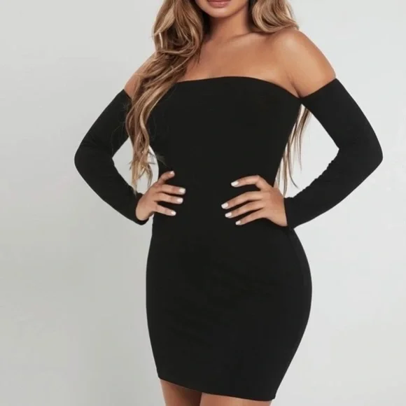 shein off shoulder black dress SHEIN Aloruh Women's Off Shoulder Ruffled Organza Spliced Slim Long Dr |  Dress main image 1